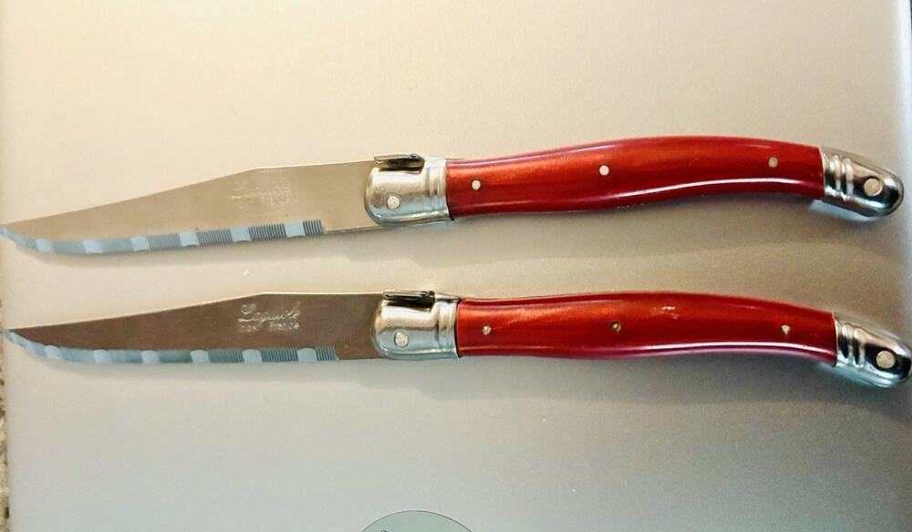 Vintage Laguiole Inox France Steak Knives Red Pearl Handles Serrated Bee Set-2